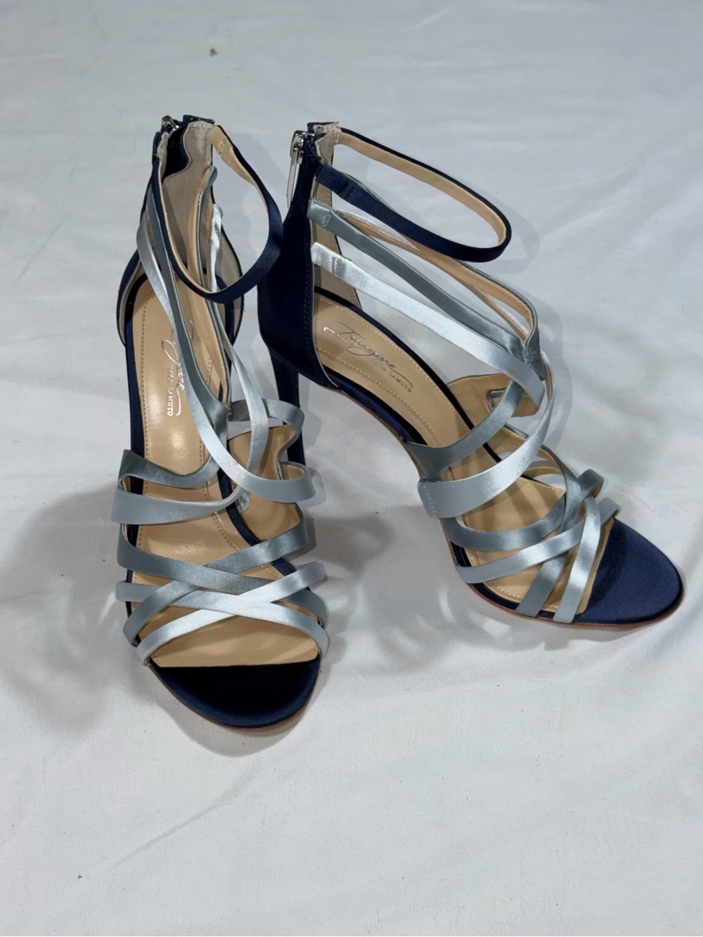 Imagine Vince Camuto Devin Satin Strappy Stiletto Heels Blue Silver Size 8M